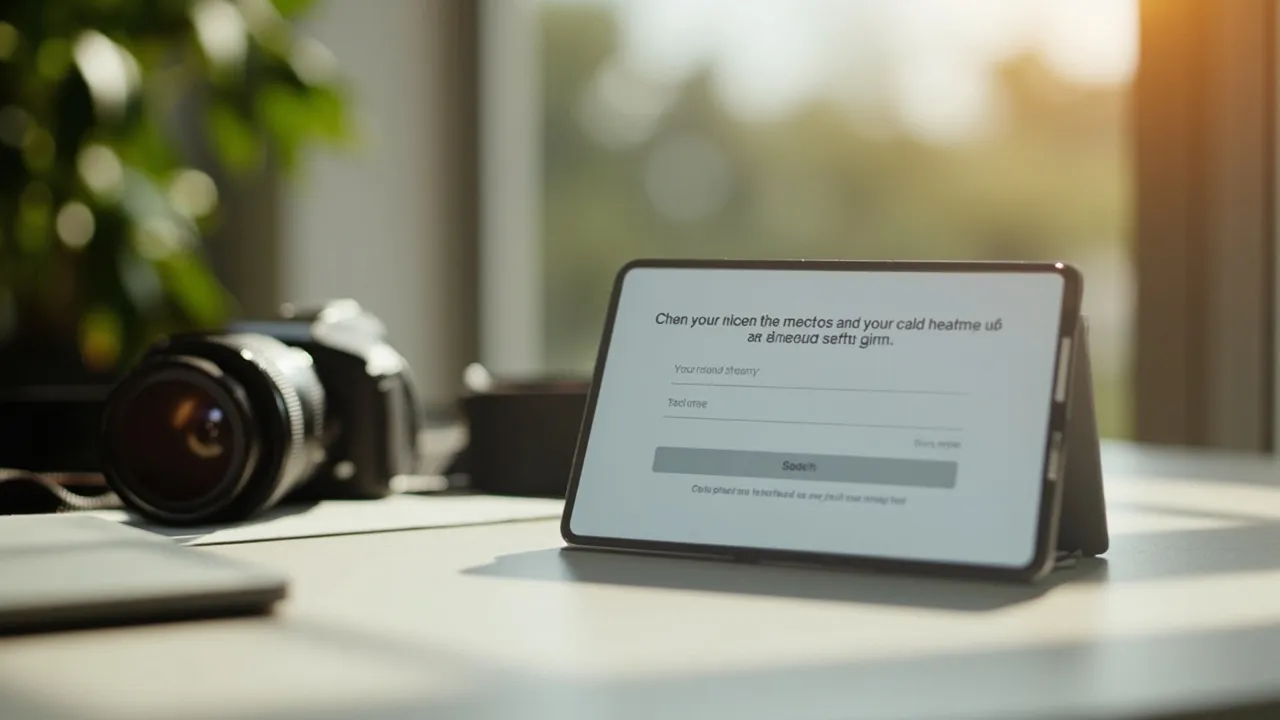 Symbolbild: ein Smartphone zeigt die Google-Suche nach einem Fotografen, daneben eine Kamera auf einem hellen Tisch