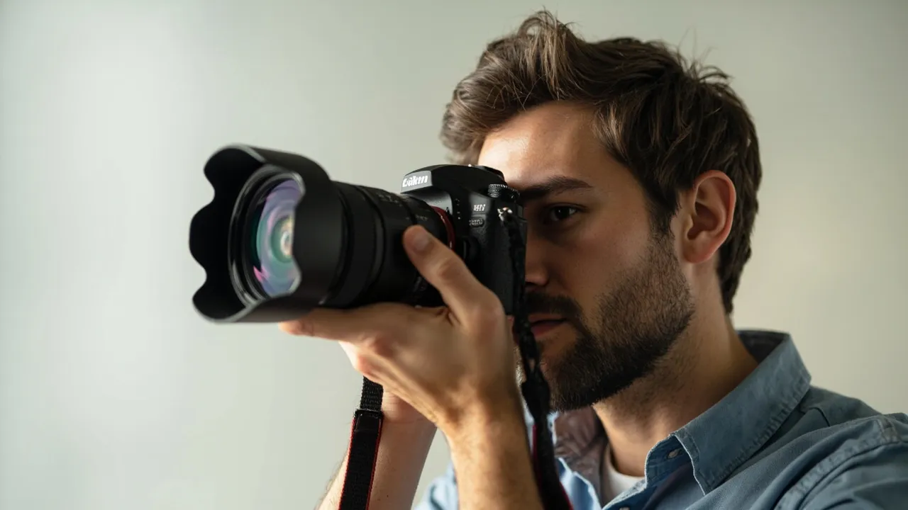 Fotograf mit professioneller Kamera vor ruhigem Studiohintergrund
