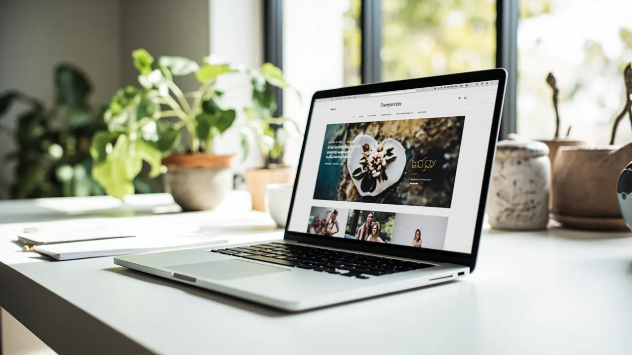 Symbolbild: ein aufgeräumter Schreibtisch mit Kamera und Laptop, auf dem Bildschirm eine kuratierte Foto-Galerie einer Fotograf:innen-Website